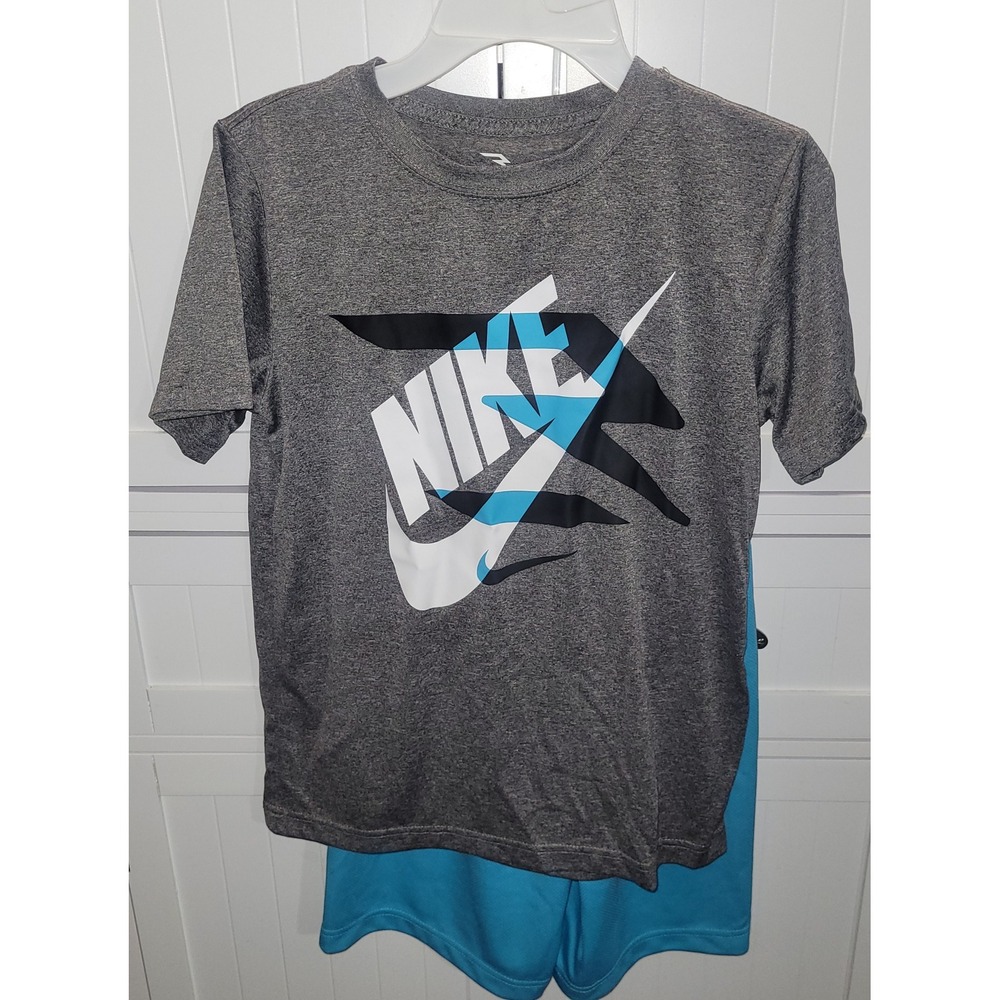 Nike 3Brand Russell Wilson Boys Gray Blue 2pc Shirt Shorts Set Size M 10-12